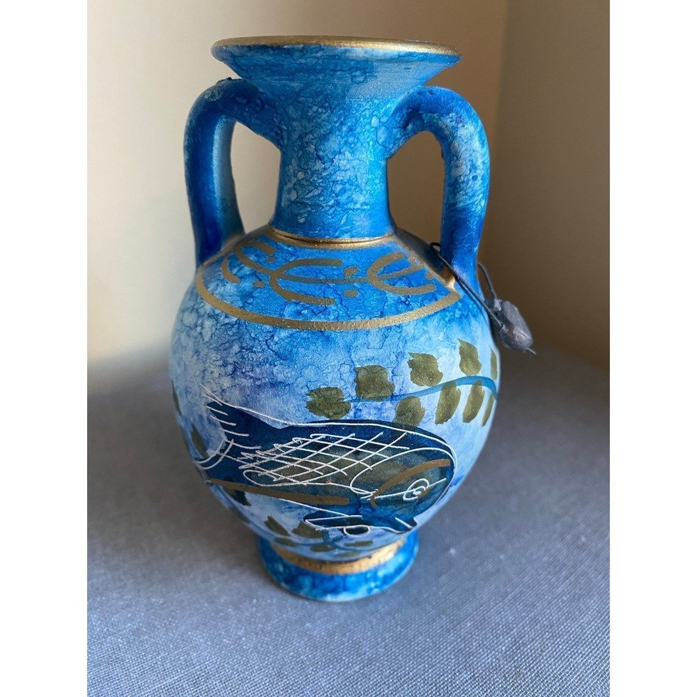 Vase Clay Pottery Greek Amphora Hand-painted Miniature 5" Tag Gift Museum Rep